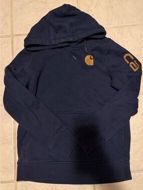 Carhartt Navy Pullover Hoodie with Gold Logo Accents